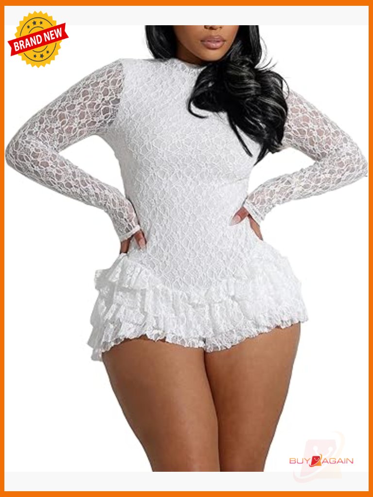 Women's Lace Jumpsuit Long Sleeve Backless Romper Ruffle Bodycon One Piece